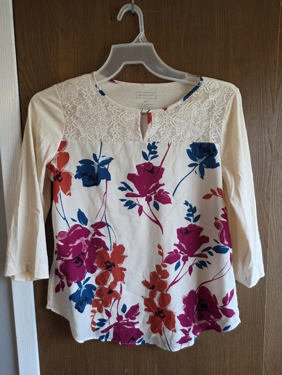 Van Heusen Tops - Cream Floral Lace-Trim Blouse with Pink & Blue Accents